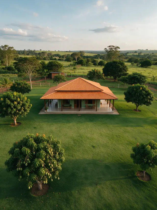 Casa de chácara com varanda cercada por um gramado amplo ao fim da tarde