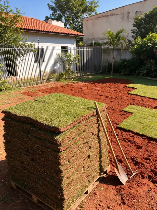 Placas de grama empilhadas num palete ao lado da terra vermelha preparada para o jardim