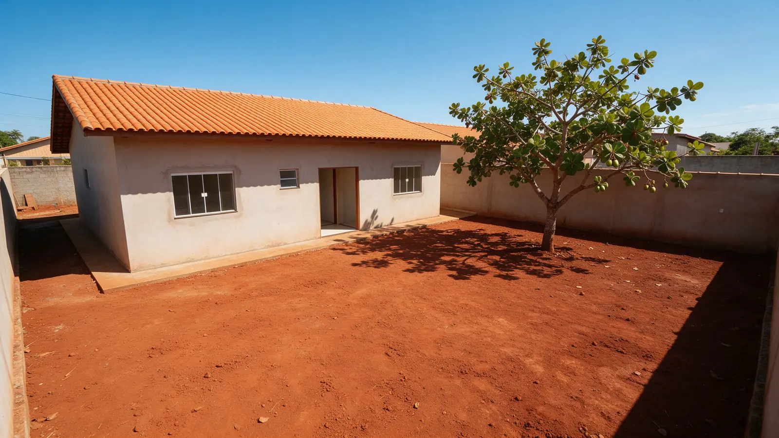 Quintal de casa térrea em Sinop com a terra vermelha exposta depois da obra